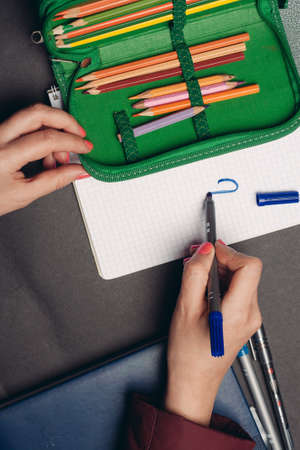 green pencil case with pencils design object school suppliesの写真素材