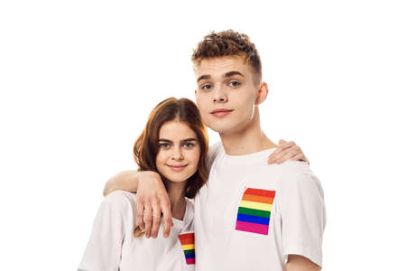 couple in white t-shirts Flag lgbt transgender sexual minoritiesの写真素材