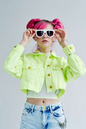 pretty woman bright cosmetics party posing Acid style designの写真素材