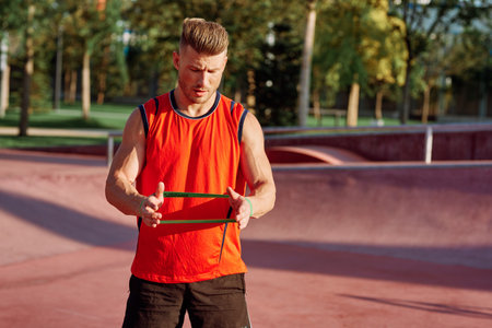 male athlete with dumbbells in hands training in the park