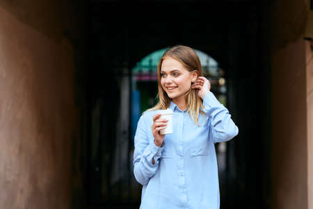 pretty woman outdoors walk fresh air lifestyleの写真素材