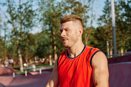 sports man on the playground in the park workoutの写真素材