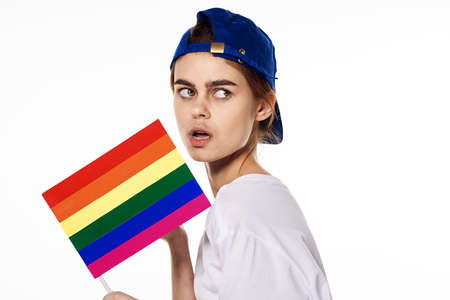 woman wearing white t-shirt lgbt flag inventor communityの写真素材