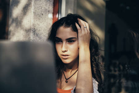 smile female student summer vacation communication Fresh airの写真素材