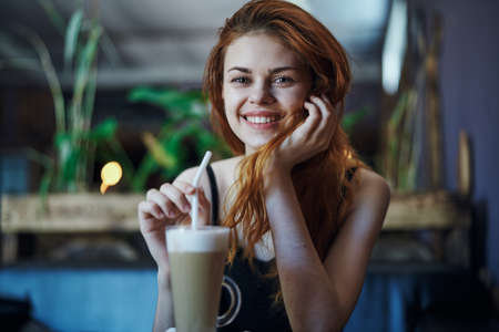 pretty woman in cafe drink communication relaxationの写真素材