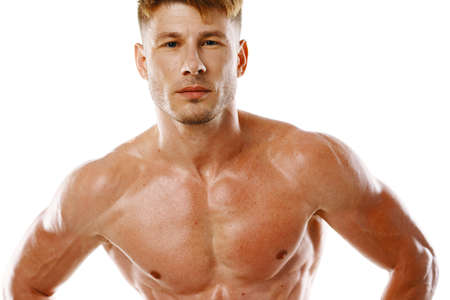 man with a pumped up body muscle closeup workout bodybuildersの写真素材