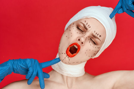 female patient aesthetic facial surgery clinic body care red backgroundの写真素材