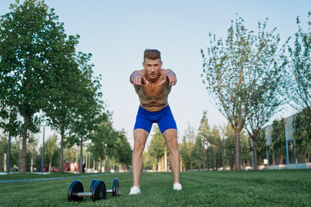 sporty man in park exercise crossfit workoutの写真素材