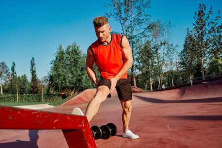 athletic man in red jersey workout exercise pumped up body