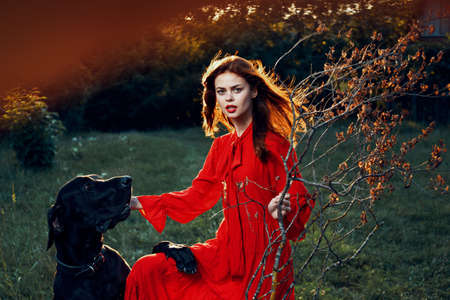 pretty woman in red dress with dog outdoors posing glamorの写真素材