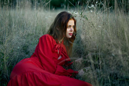 woman in red dress lies on the grass nature freedom restの写真素材