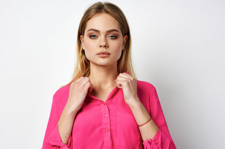 pretty blonde hairstyle fashion posing close-up modelの写真素材