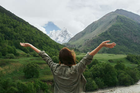 woman hiker mountains travel landscape adventure natureの写真素材