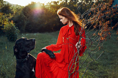 pretty woman in red dress with dog outdoors posing glamorの写真素材