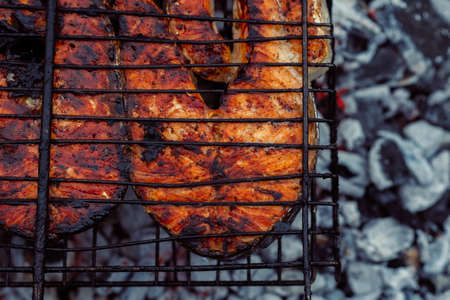 cooking fish outdoors barbecue close-up charcoal mealの写真素材