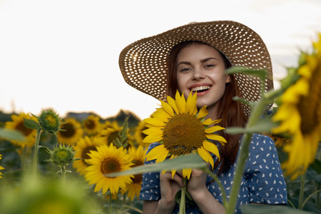 Walk in the sunflower field nature charm outdoor activitiesの写真素材