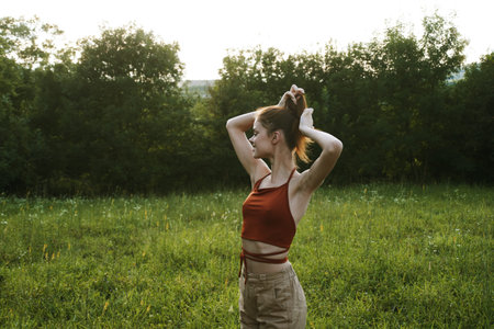 Pretty woman nature fresh air landscape fields