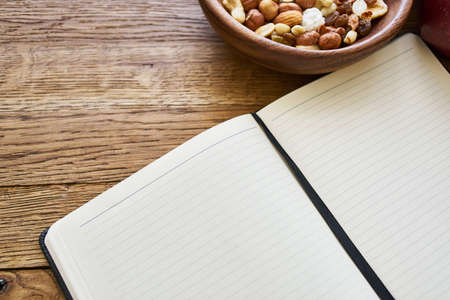 dry breakfast cereals notepad diet wooden backgroundの写真素材