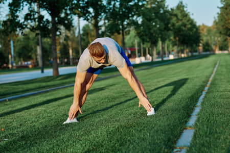 sporty man in the park on the lawn exercise lifestyleの写真素材