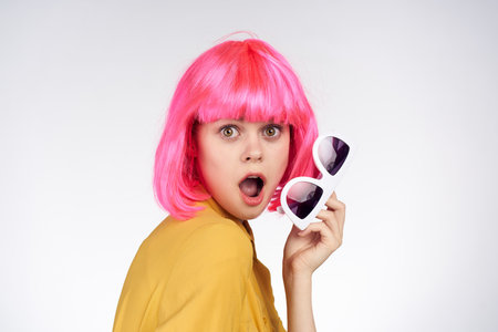 glamorous woman with pink hair fashion glasses home model