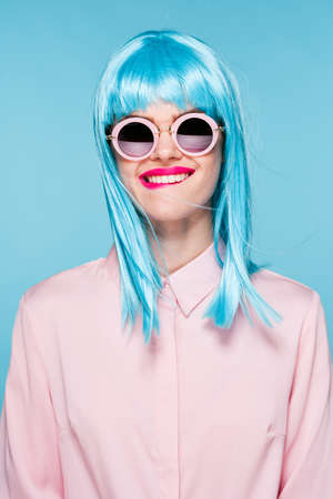 beautiful woman in blue wig sunglasses Glamor fashionの写真素材