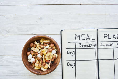 snack breakfast organic fitness health wooden tableの写真素材