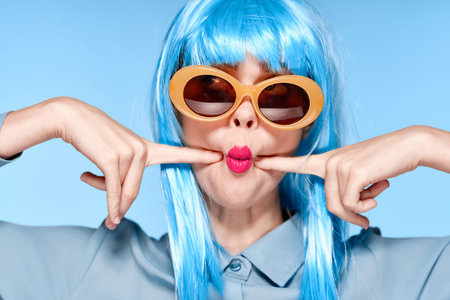 attractive woman glamor fashion red lips blue hair