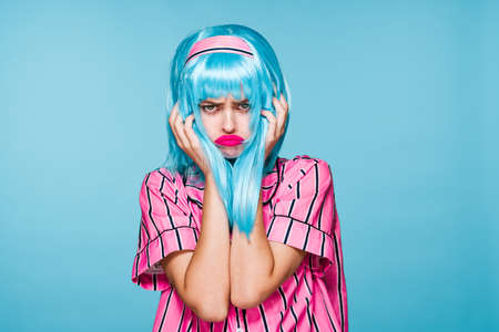 beautiful woman blue wig glamor bright makeup funの写真素材