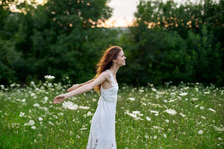 Woman in a white dress in a field on nature flowers freedom summerの写真素材