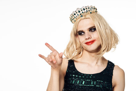 man in a womans wig dress makeup Crown on the head transgender