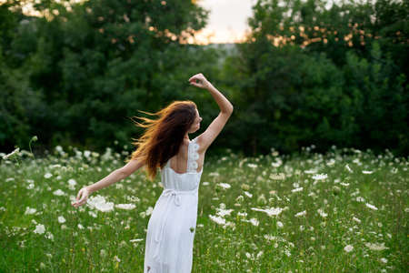 Woman in a white dress in a field on nature flowers freedom summerの写真素材