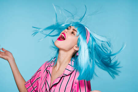 beautiful woman blue wig glamor bright makeup funの写真素材