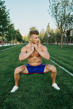 athletic man working out in the park crossfit exerciseの写真素材