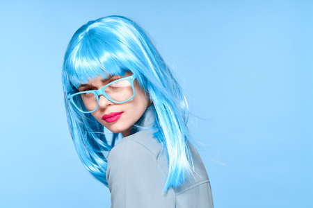 pretty woman purple wig blue hair modelの写真素材