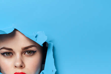 female face red lips posing portrait glamorの写真素材