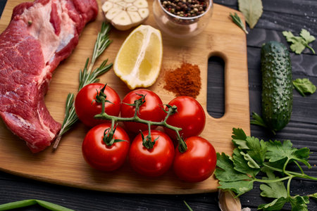 meat vegetables ingredients on a wooden board beef