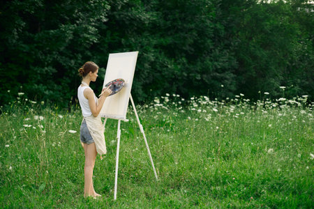 woman artist drawing landscape nature drawing creativeの写真素材