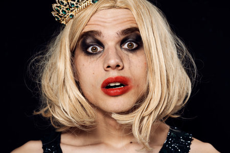 man in womens dress wig makeup posing bisexual