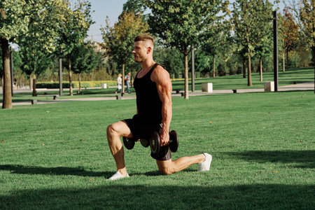 a man in a black t-shirt in a nature park with dumbbells workout