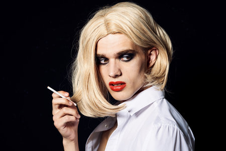 man in womens wig crossdresser makeup lgbt communityの写真素材