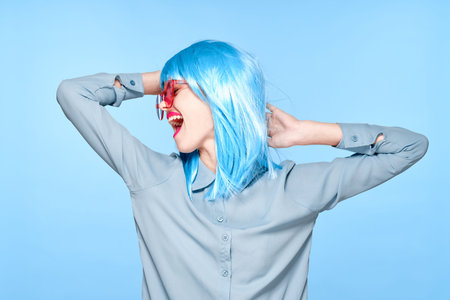 cheerful glamorous woman in pink glasses purple wig fashion