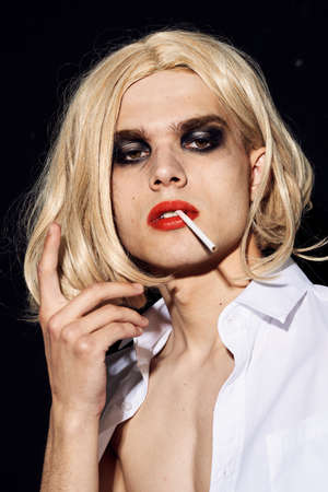 man in womens wig crossdresser makeup lgbt communityの写真素材