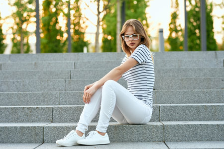 Business woman in a cafe outdoors fresh air summerの写真素材