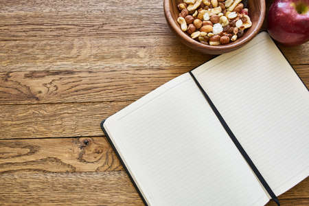 dry breakfast cereals notepad diet wooden backgroundの写真素材