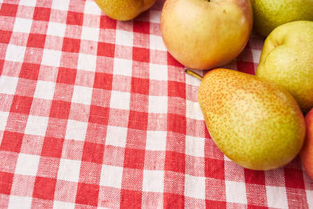 fruit apples pears vitamins garden checkered tableclothの写真素材