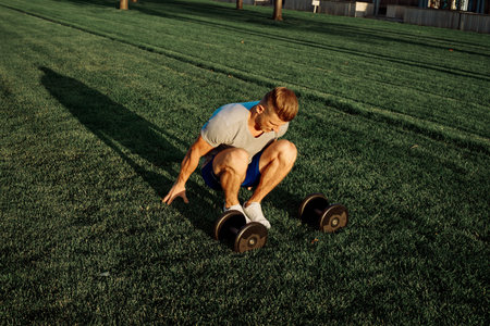 athletic man in the park workout exercise dumbbells