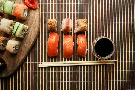 sushi set soy sauce chopsticks japanese cuisine traditional foodの写真素材