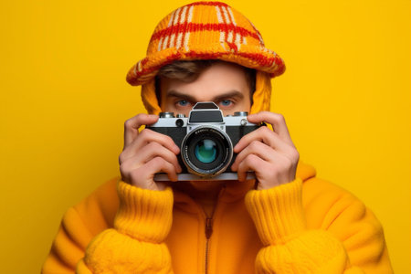 Shoot man portrait yellow lifestyle retro art camera background photo hipster studio photographの素材