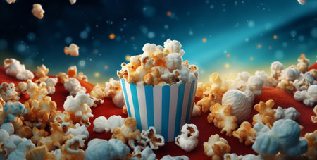 cinema film popcorn red food blue bucket box background isolated corn. Generative AI.の素材