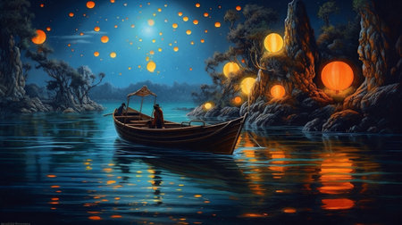 river festival celebration light night lamp boat travel water lantern. Generative AI.の素材